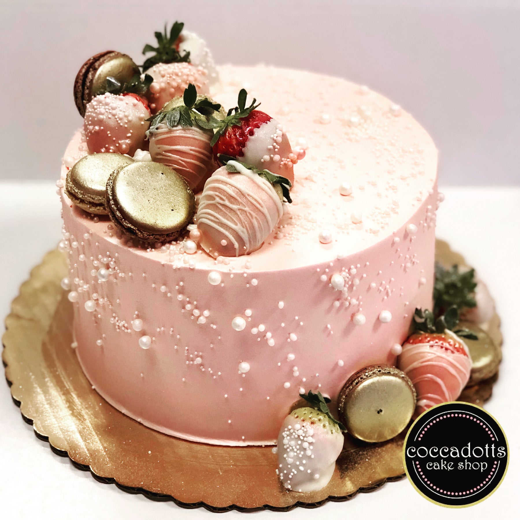Gold leaf macaron and chocolate coated strawberry buttercream cake, Cake  Decorating
